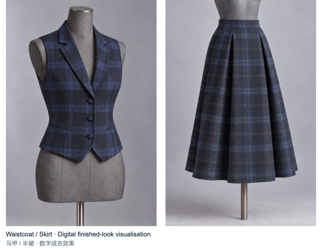 Waistcoat and skirt on grey forms, earlier digital process study / 灰色人台上的马甲与半裙，早期数字过程研究