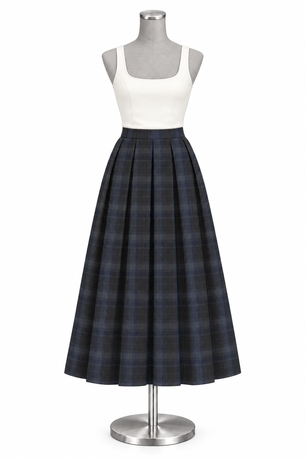 Off-white square-neck sleeveless BraTop and Moonlit Shore navy plaid midi skirt; design visualisation / 纤云米白方领无袖 BraTop 与月汀深蓝格纹半裙，设计效果