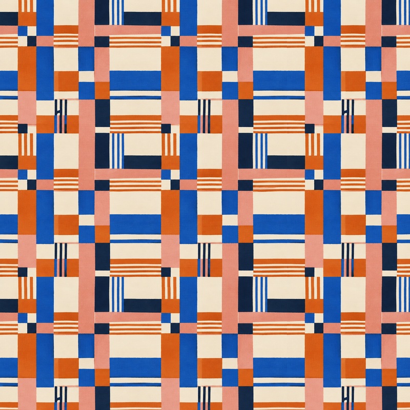 Geometric print artwork in blue, orange, blush and warm white